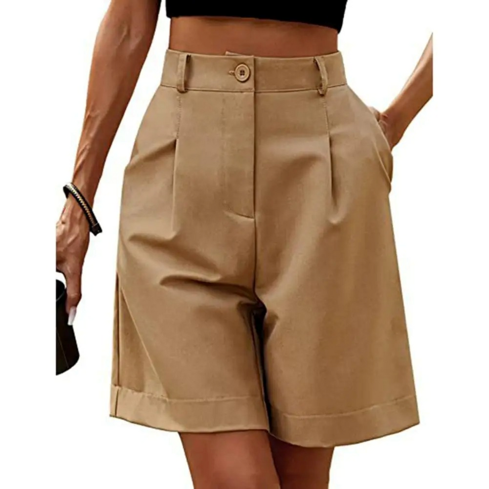 Dames Bermuda Shorts - Hoge Taille met Plooien en Omslag