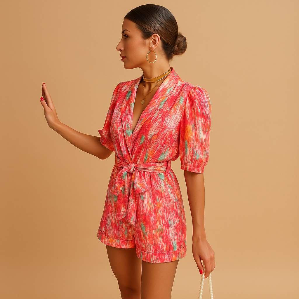 Naomi jumpsuit dames – korte jumpsuit met speelse print en flatterende taille