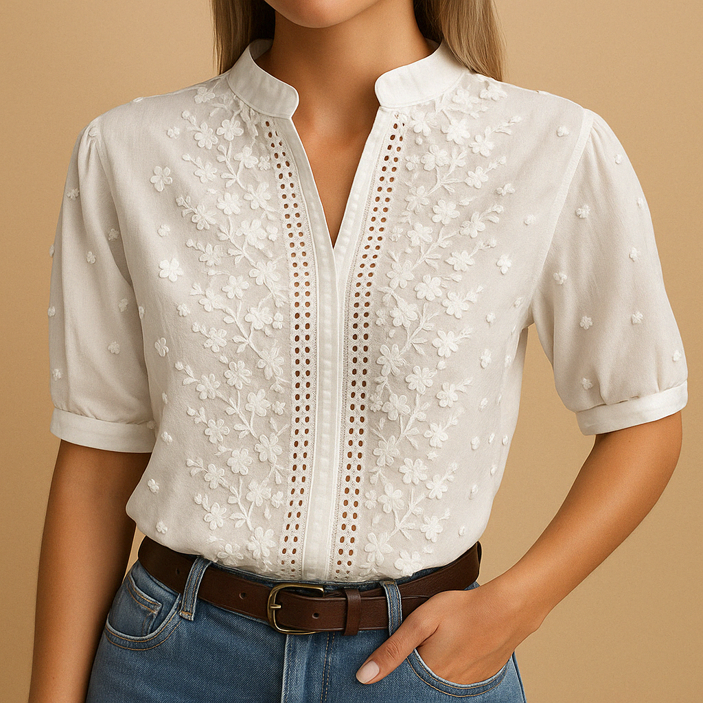 Isabelle blouse dames – witte blouse met klassieke kraag en verfijnde uitstraling