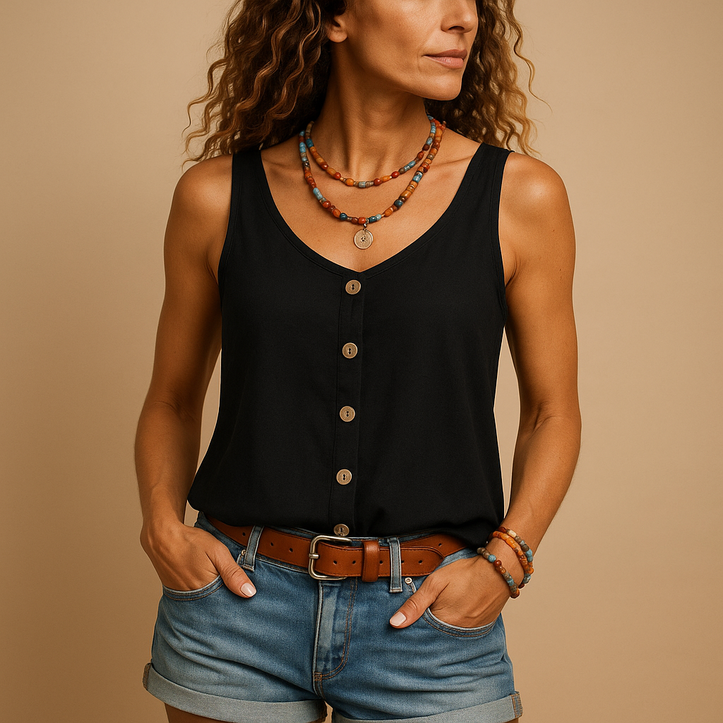 Liva top dames – mouwloze zomertop met V-hals en relaxte pasvorm