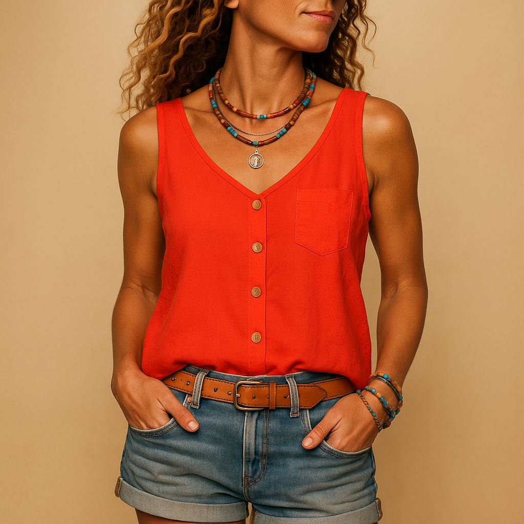 Liva top dames – mouwloze zomertop met V-hals en relaxte pasvorm