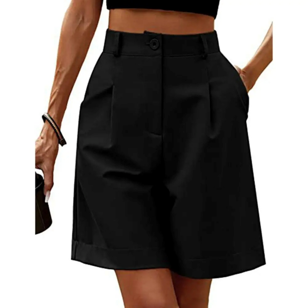 Dames Bermuda Shorts - Hoge Taille met Plooien en Omslag