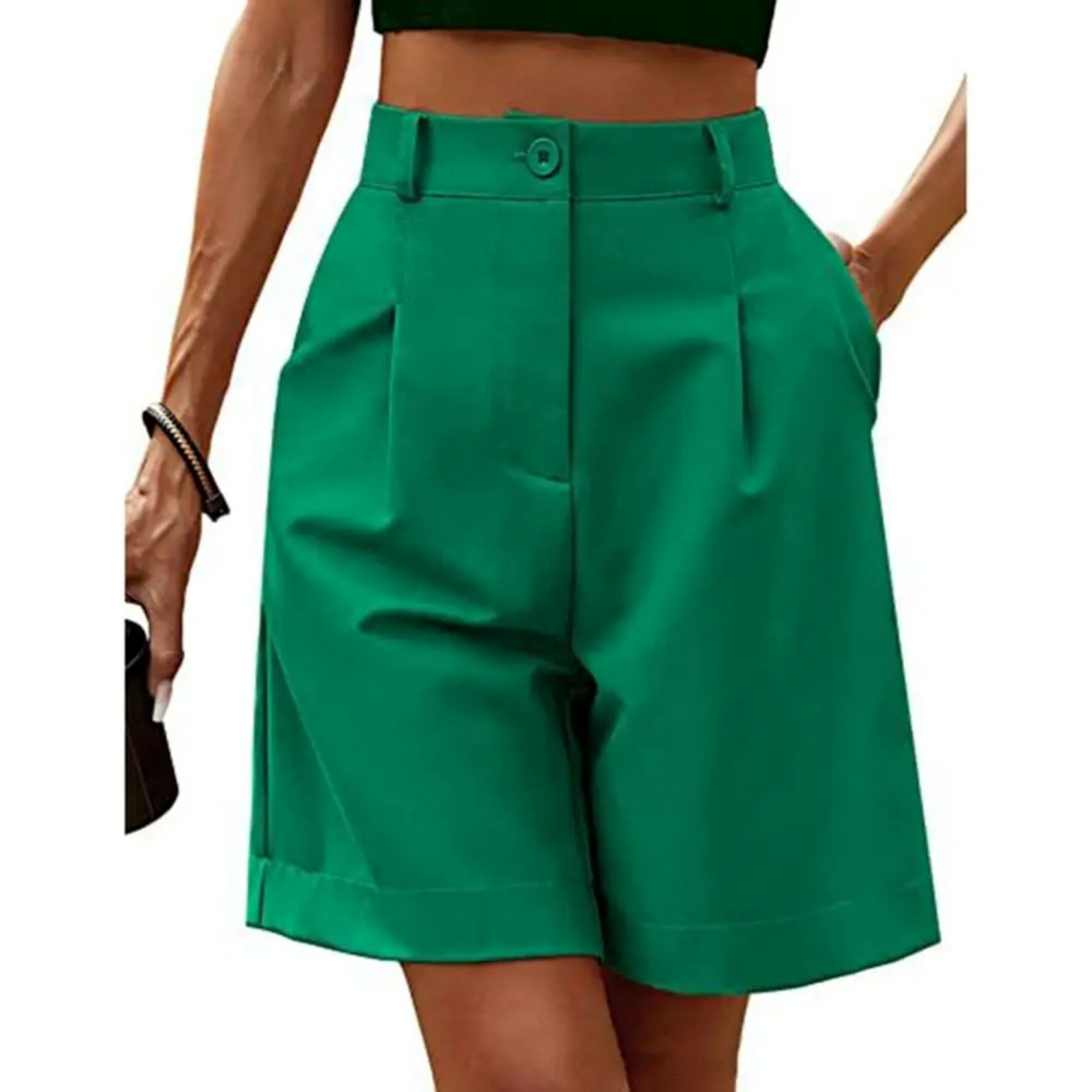 Dames Bermuda Shorts - Hoge Taille met Plooien en Omslag