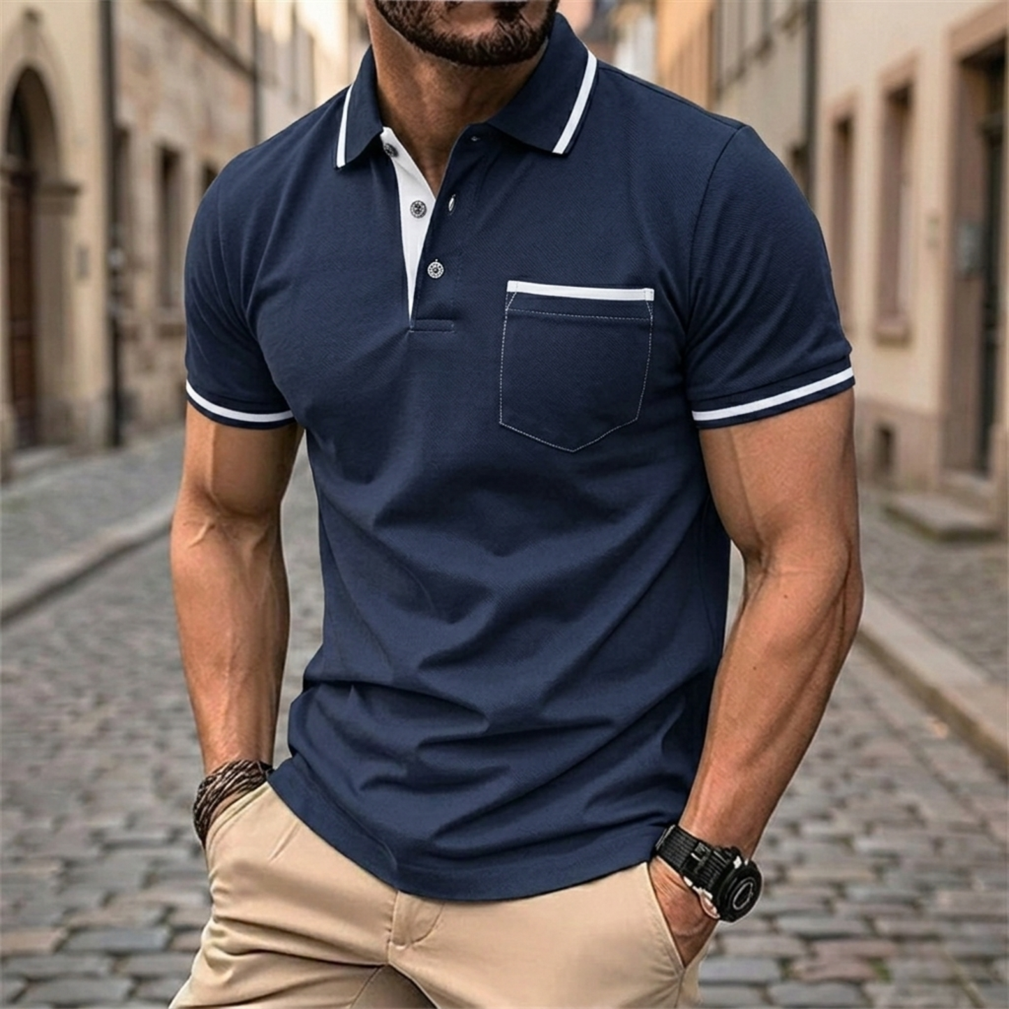 Heren Poloshirt Slim Fit Korte Mouw met Borstzak Casual Polo Contrast Details