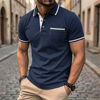 Heren Poloshirt Slim Fit Korte Mouw met Borstzak Casual Polo Contrast Details