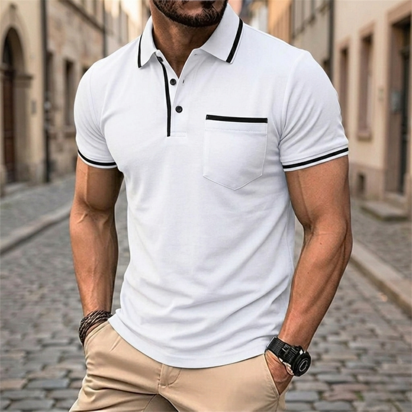 Heren Poloshirt Slim Fit Korte Mouw met Borstzak Casual Polo Contrast Details