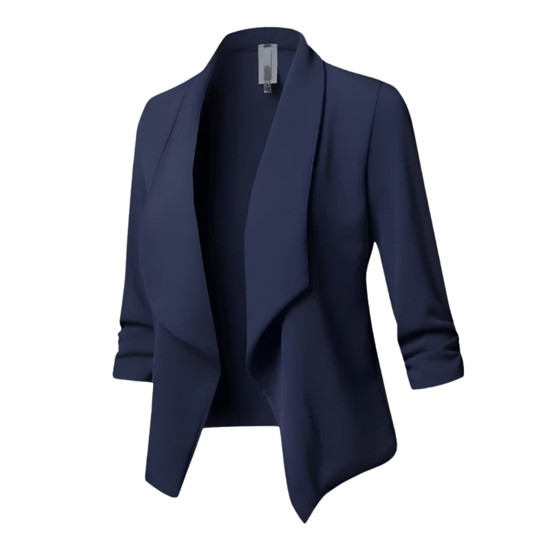 Dames Blazer – Open Voorzijde, Watervalkraag & Driekwart Mouwen