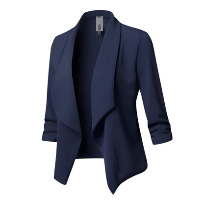 Dames Blazer – Open Voorzijde, Watervalkraag & Driekwart Mouwen