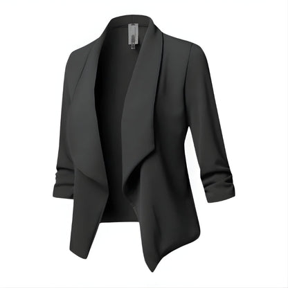 Dames Blazer – Open Voorzijde, Watervalkraag & Driekwart Mouwen