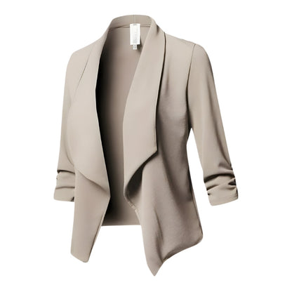 Dames Blazer – Open Voorzijde, Watervalkraag & Driekwart Mouwen