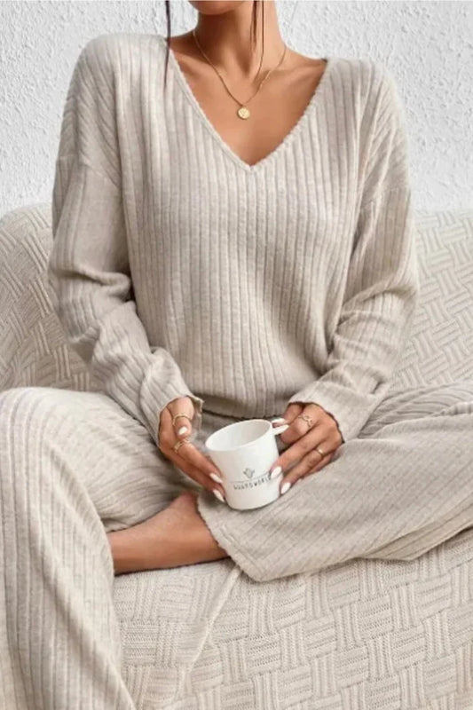 Dames Loungewear Set Ribgebreid – Comfortabele Top Met V-Hals & Wijde Broek