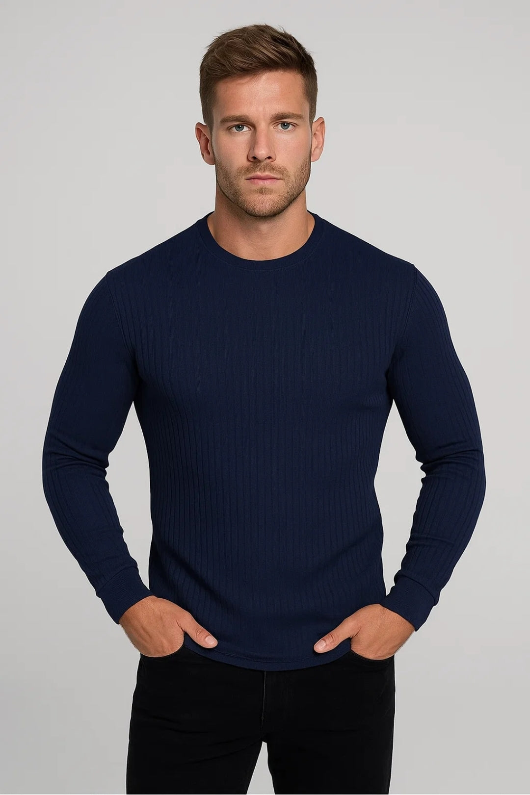 Heren Longsleeve Slim Fit – Geribd Shirt Heren Ronde Hals Casual