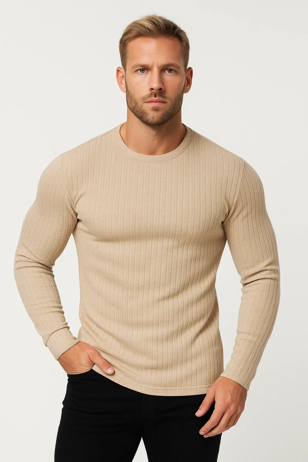 Heren Longsleeve Slim Fit – Geribd Shirt Heren Ronde Hals Casual