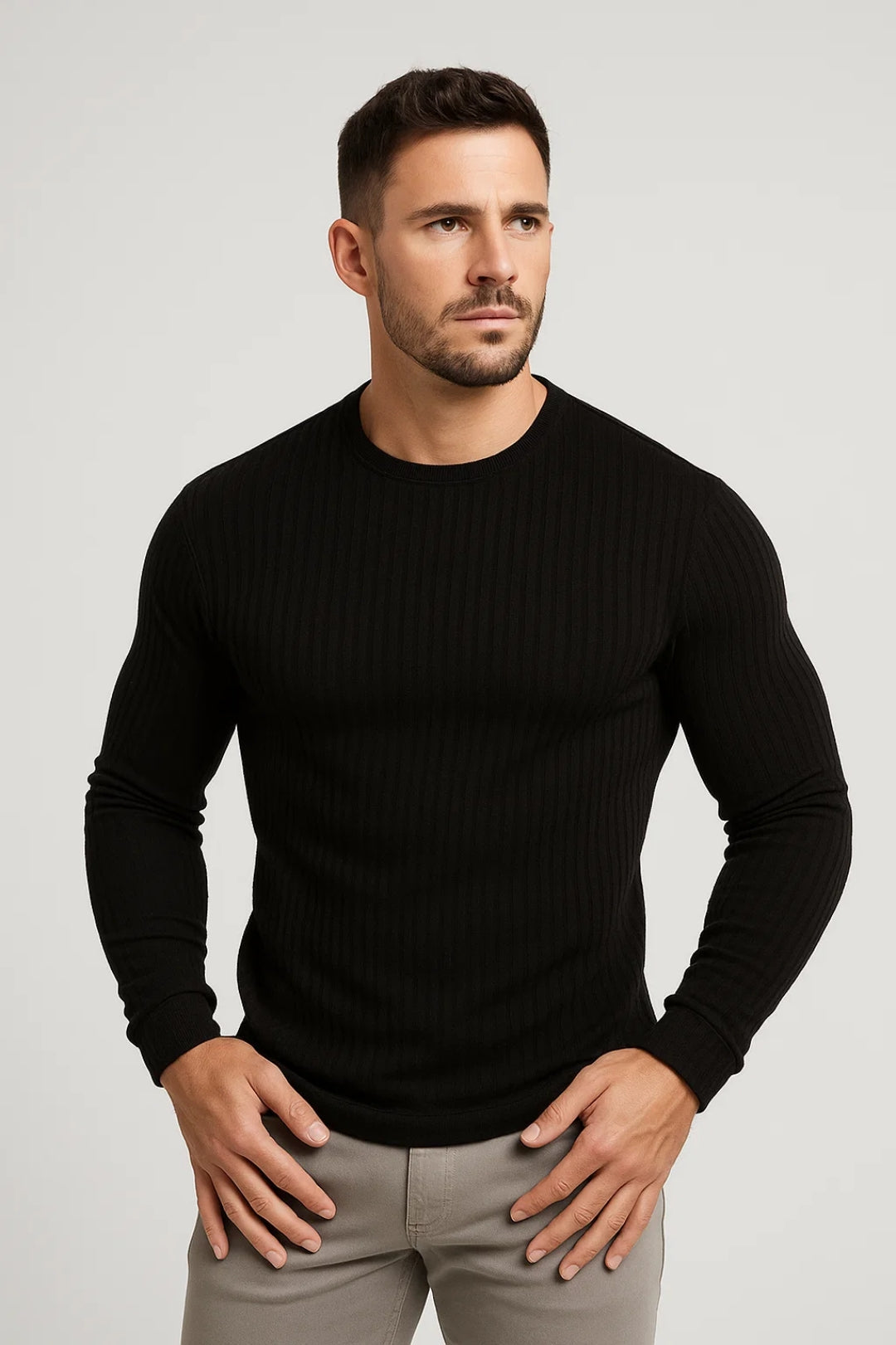 Heren Longsleeve Slim Fit – Geribd Shirt Heren Ronde Hals Casual