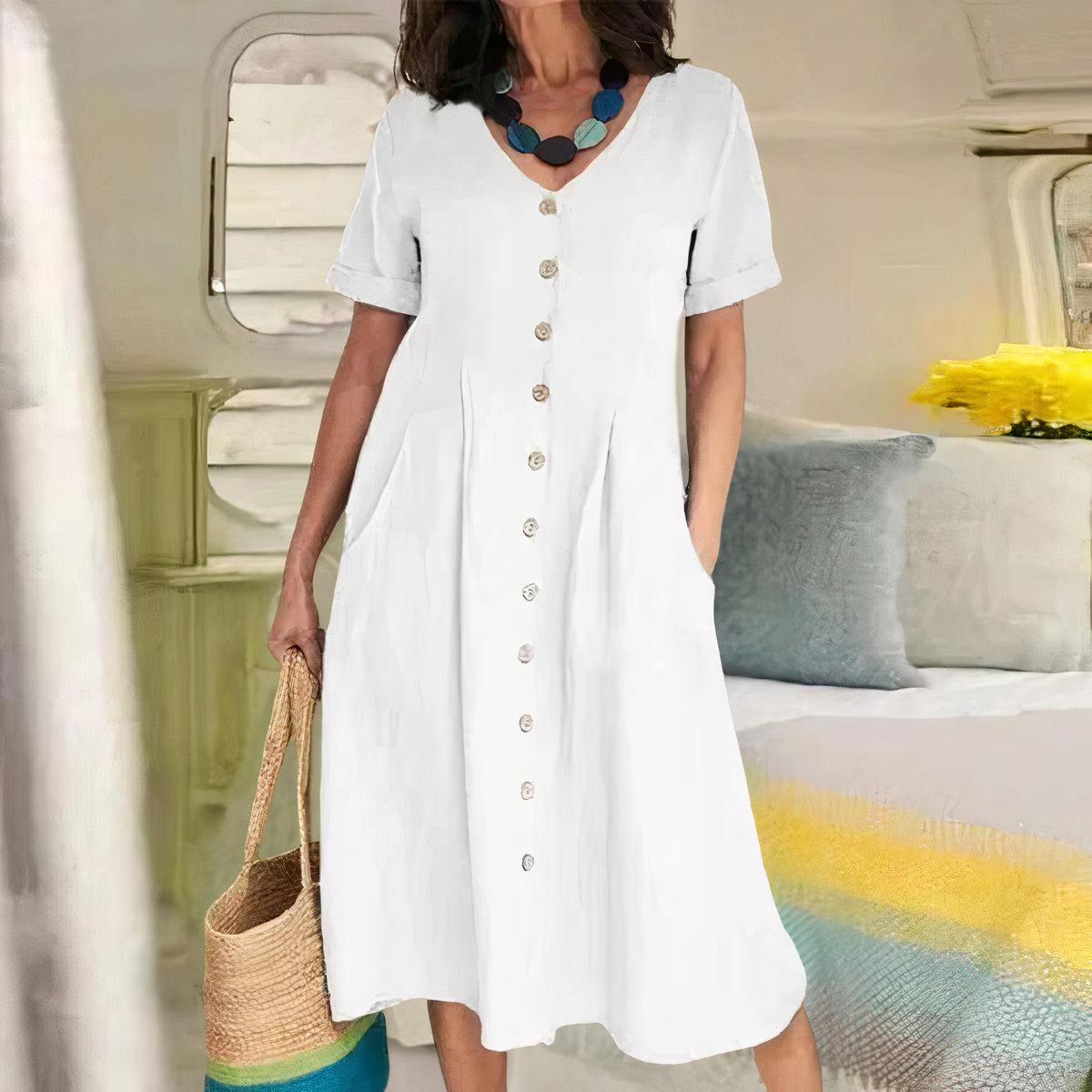 Midi Jurk met Knoopsluiting - Luchtige Zomerse Look