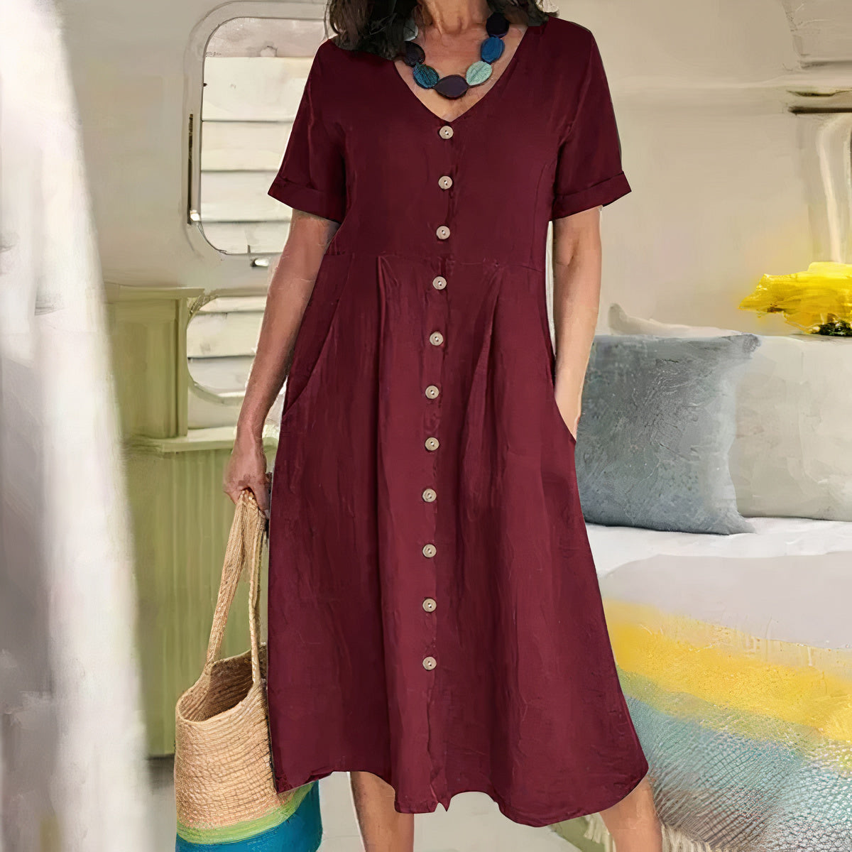 Midi Jurk met Knoopsluiting - Luchtige Zomerse Look