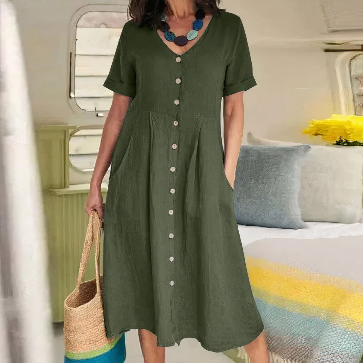 Midi Jurk met Knoopsluiting - Luchtige Zomerse Look