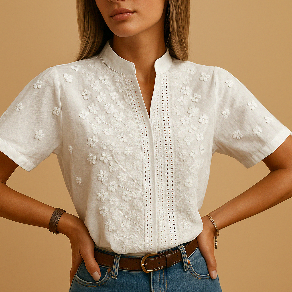 Isabelle blouse dames – witte blouse met klassieke kraag en verfijnde uitstraling