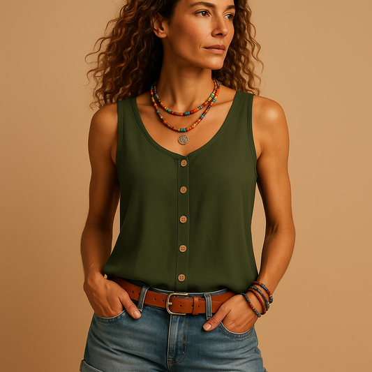 Liva top dames – mouwloze zomertop met V-hals en relaxte pasvorm