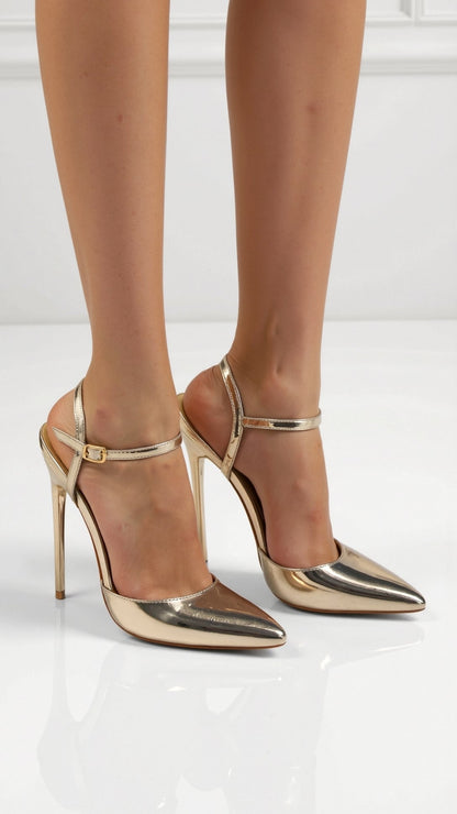 Dames Metallic Pumps Met Enkelband – Puntige Neus & Stiletto Hak