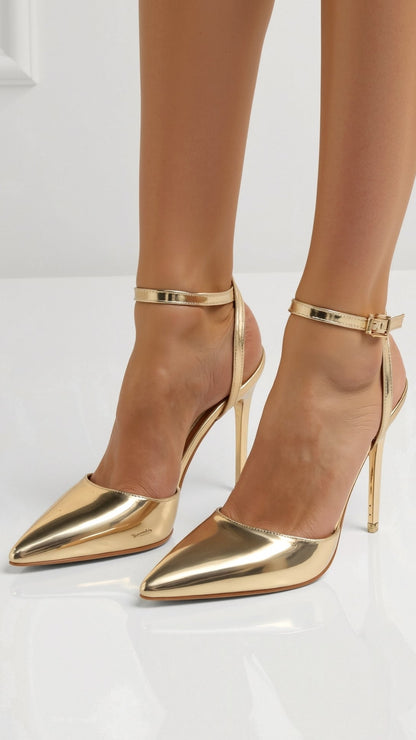 Dames Metallic Pumps Met Enkelband – Puntige Neus & Stiletto Hak