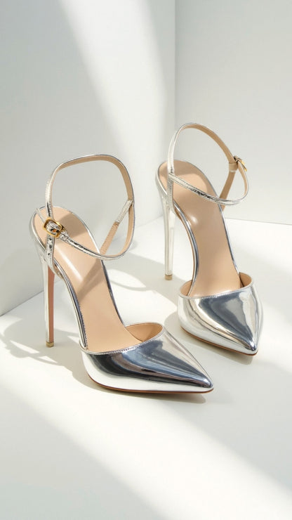 Dames Metallic Pumps Met Enkelband – Puntige Neus & Stiletto Hak