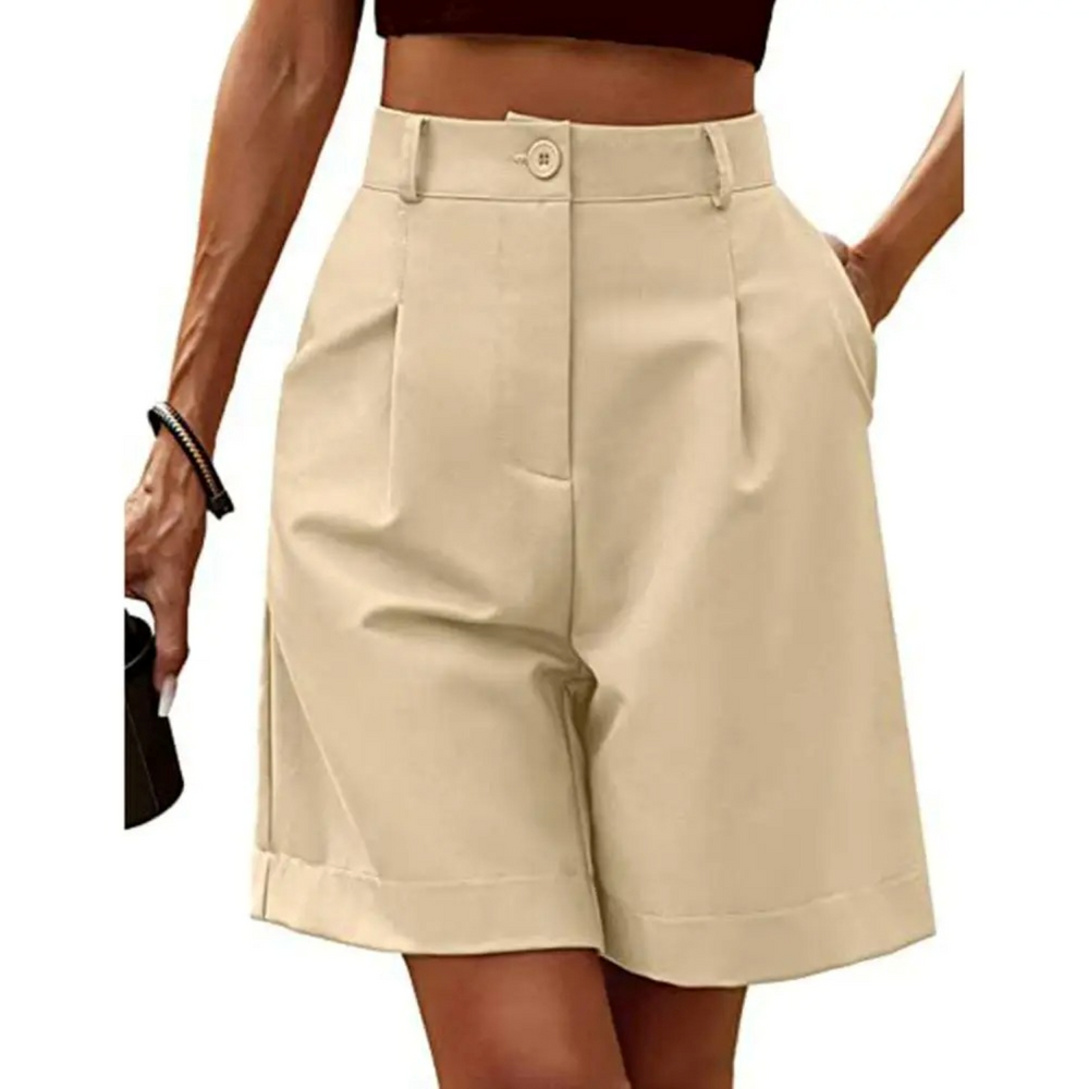 Dames Bermuda Shorts - Hoge Taille met Plooien en Omslag