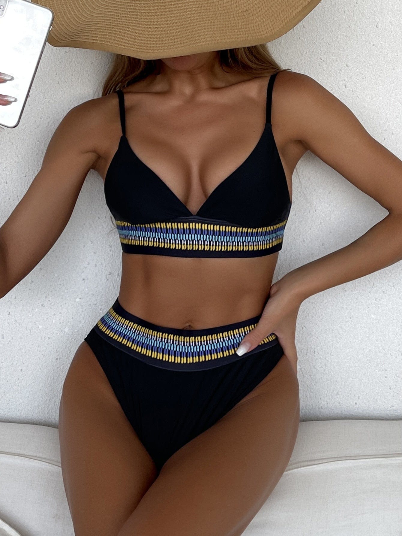 Zwarte Ibiza Bikini - Hoge Taille met Sierband